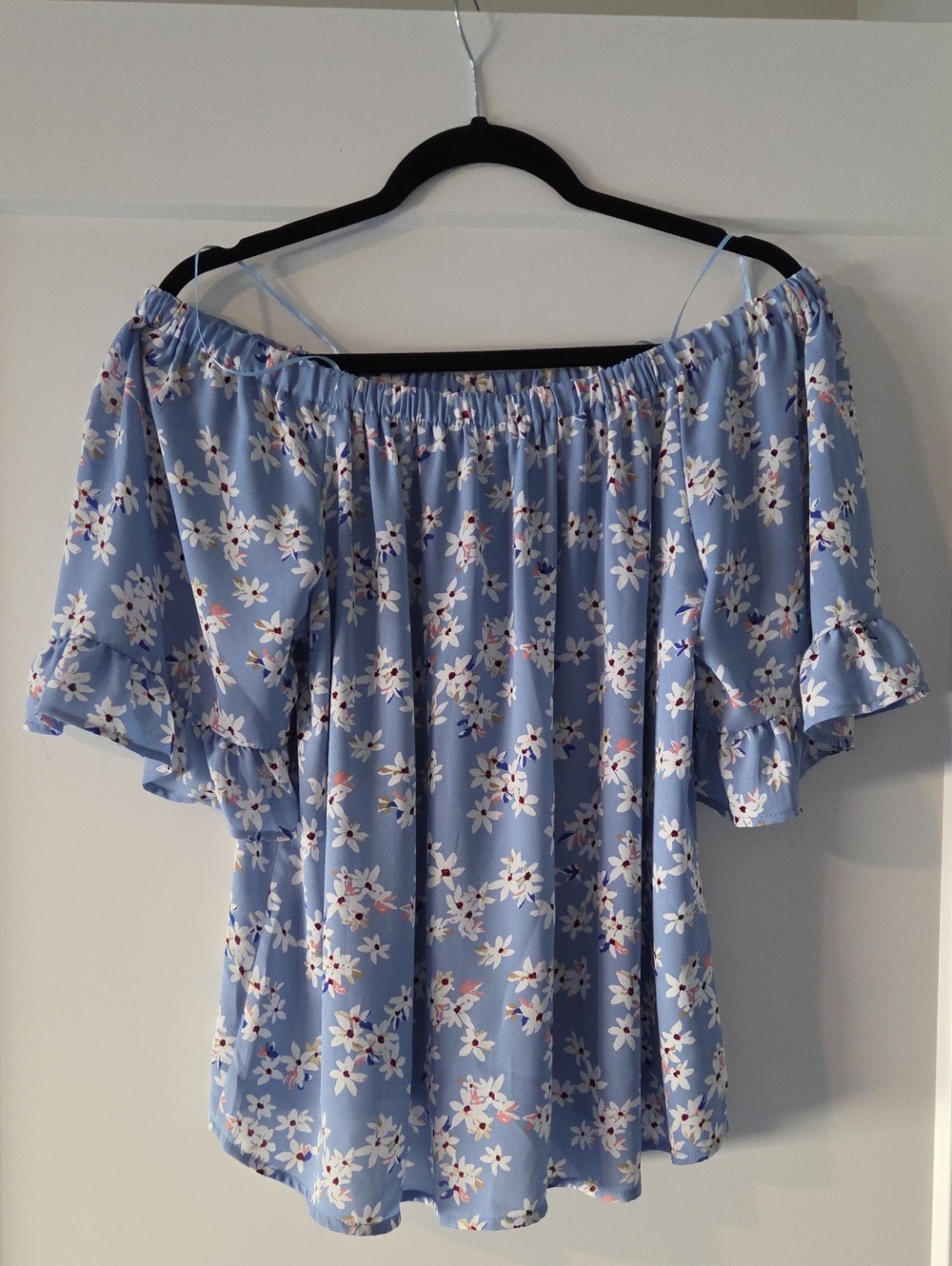 Light Blue Off-Shoulder Floral Blouse with Ruffle Sleeves